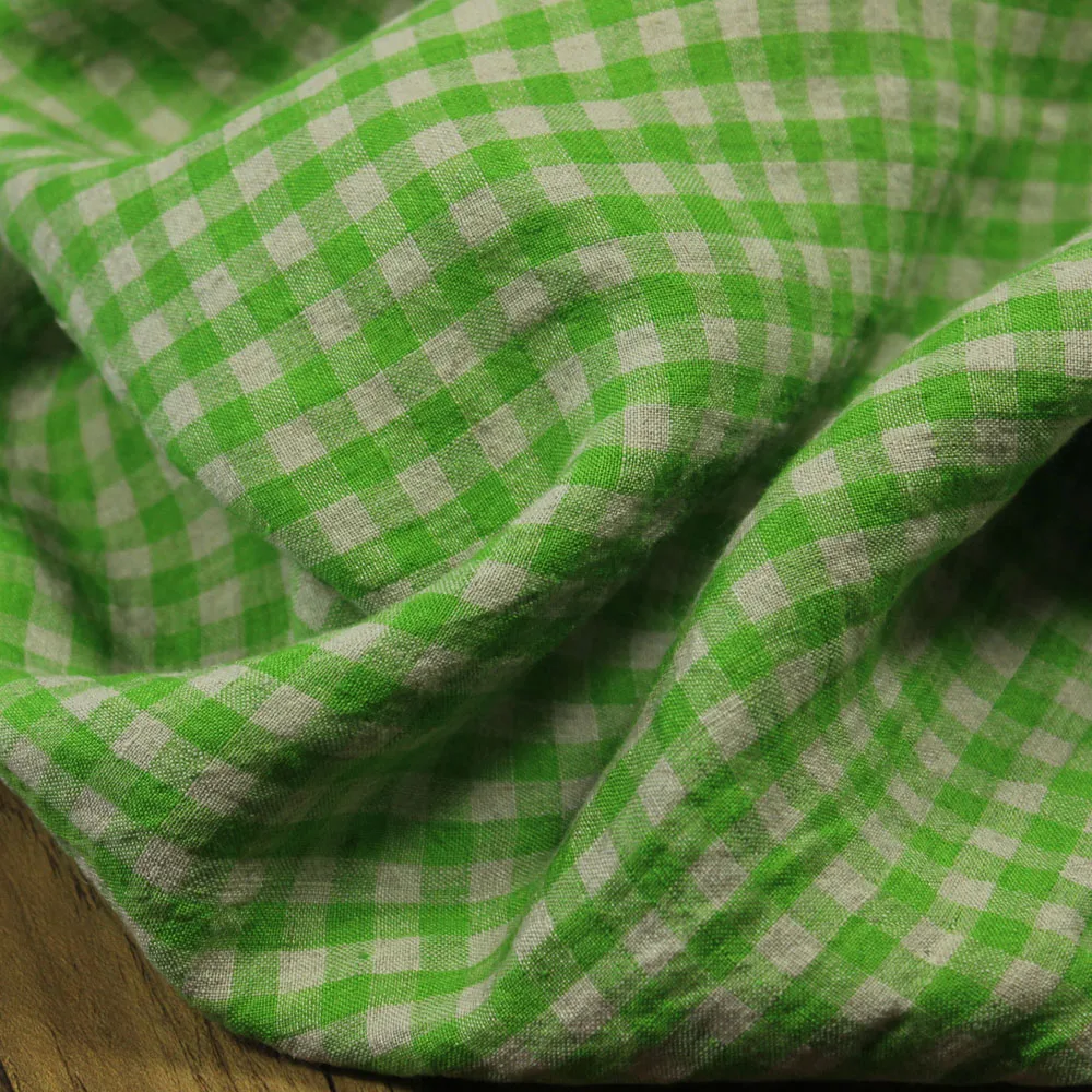 Pure Linen Green Plaid Fabric Cheongsam Dress Shirt Clothing Fabric High-End Sewing Fabric by the Meter