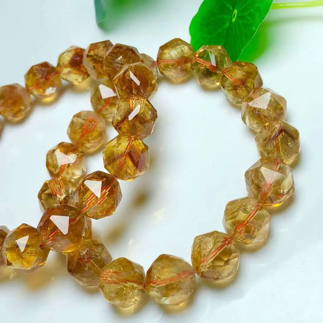 Natural Citrine Facet Beads Bracelet Handmade Real Quartz Jewelry for Woman Men Unisex Stretch Bangle Gift