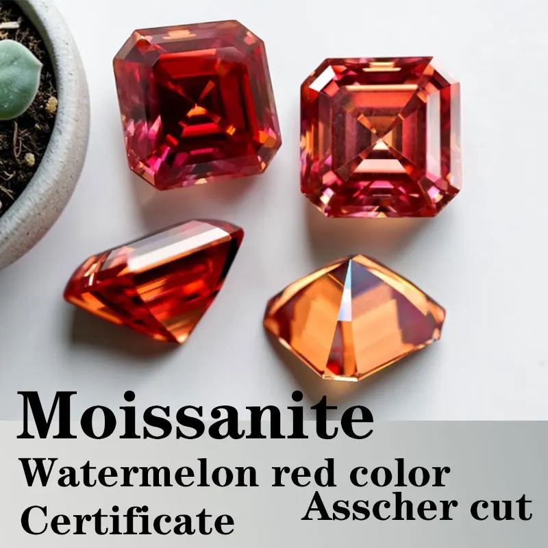 

Moissanite VVS1 Square Shape Asscher Cut Watermelon Red Color Certificate Synthetic Gemstone