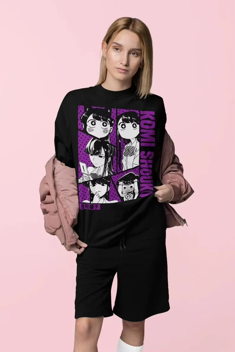 Unisex Loose Crew Neck Washed T-shirt With Anime Prints of Komi Can't Communicate, Y2K Aesthetic Harajuku Streetwear T-Shirt