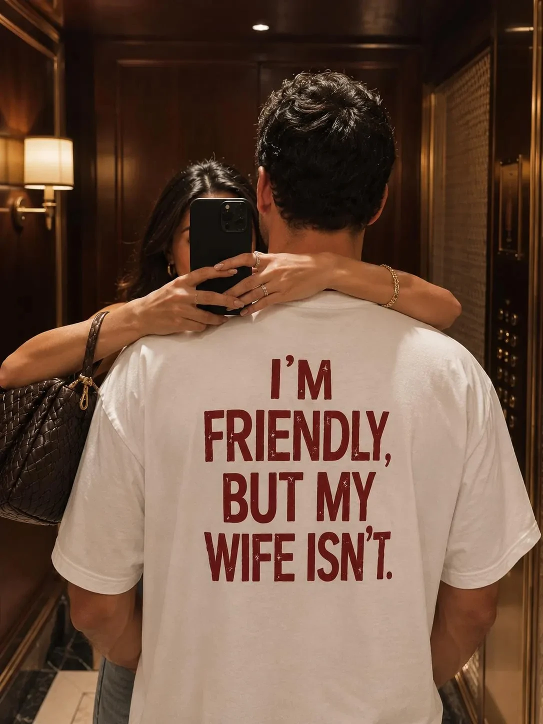 Sommerliches T-Shirt mit humorvollem Design. Ich bin leichtgängig im Umgang, aber meine Frau ist nicht so einfach – satirisches Ehe-Humor-T-Shirt – Detail 6