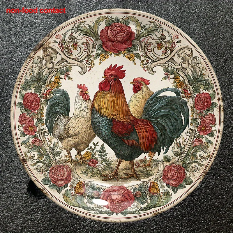 1pc Vintage Farmhouse Rooster and Floral Wall Dish - Red, Green, Golden, Beige Farmhouse Decor - Non-Food Contact Ceramic Plate