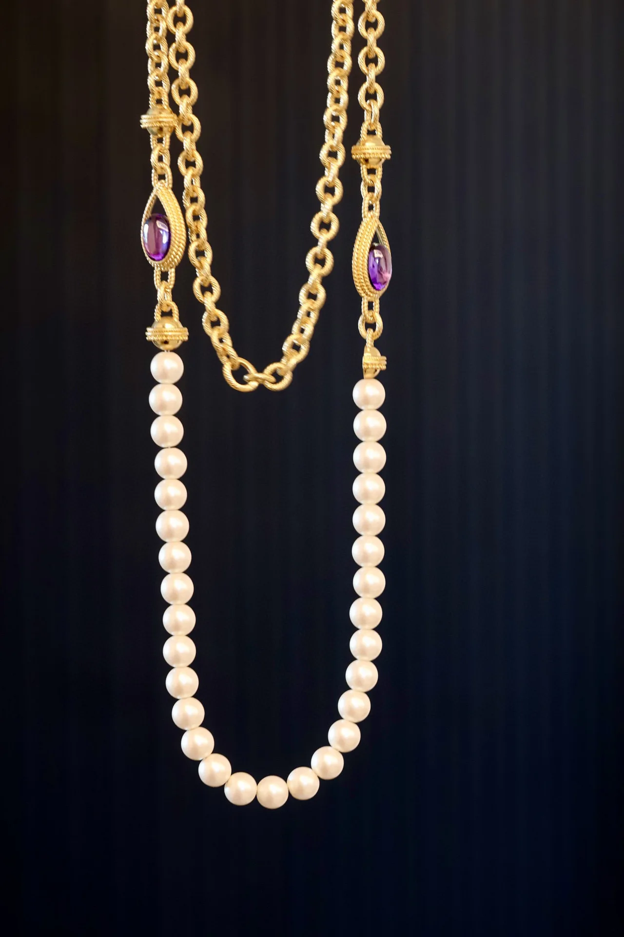 Qingdao Ornament French Vintage Mid-Ancient Zircon Pearl Earring Ring Long Glass Pearl Necklace