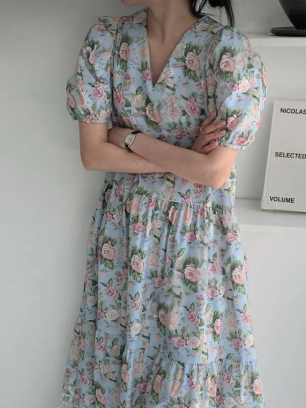 Summer Ele Floral Print Dr Bubble Sve V-Ne Loose Waist Sle Women's Faion Sweet  Dr Tea Break Skirt