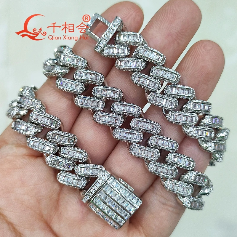 

Necklace S925 silver 12mm baguette french Cuban Link Iced Out Hip Hop white Moissanite Link Chain Jewelry for Women Men Gifts