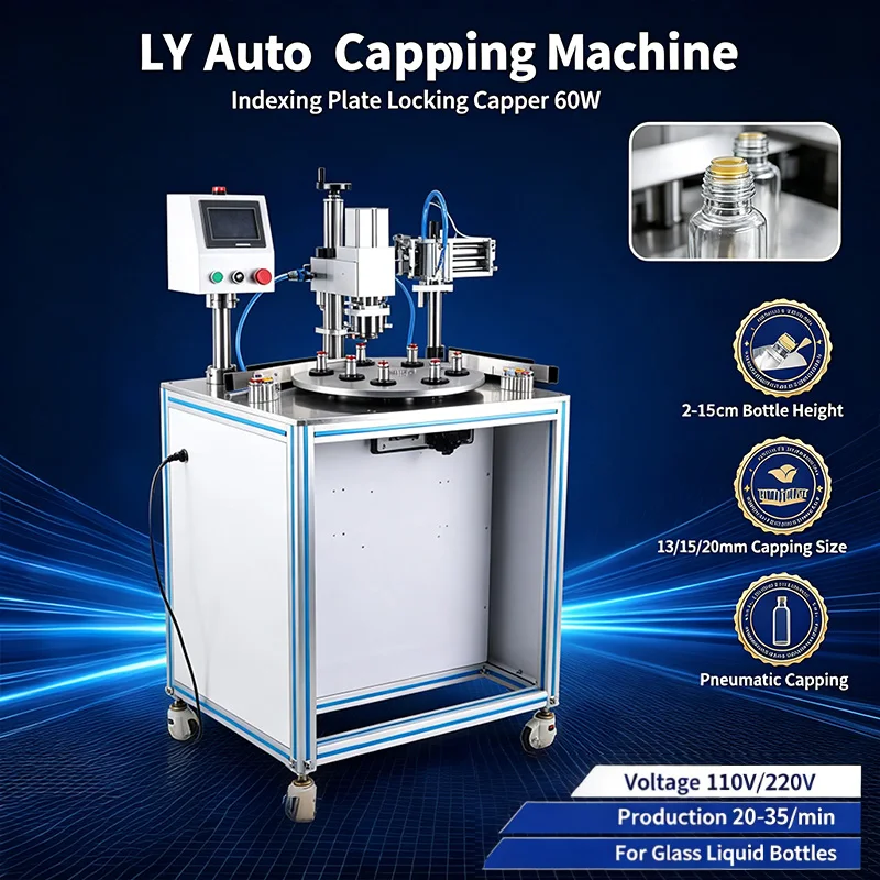 LY Auto Capping Machine Liquid Glass Bottles Pharmaceutical Indexing Plate Locking Capper 60W Suitable for 2-15cm Bottles Height