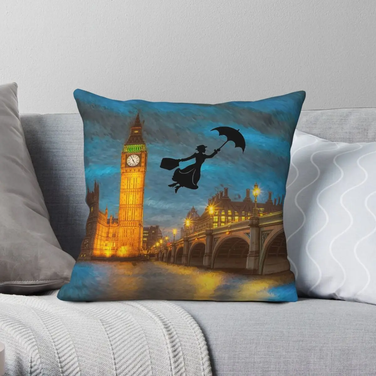 Mary Poppins Over London Square Pillowcase Polyester Linen Velvet Pattern Zip Decorative Pillow Case Car Cushion Cover 18