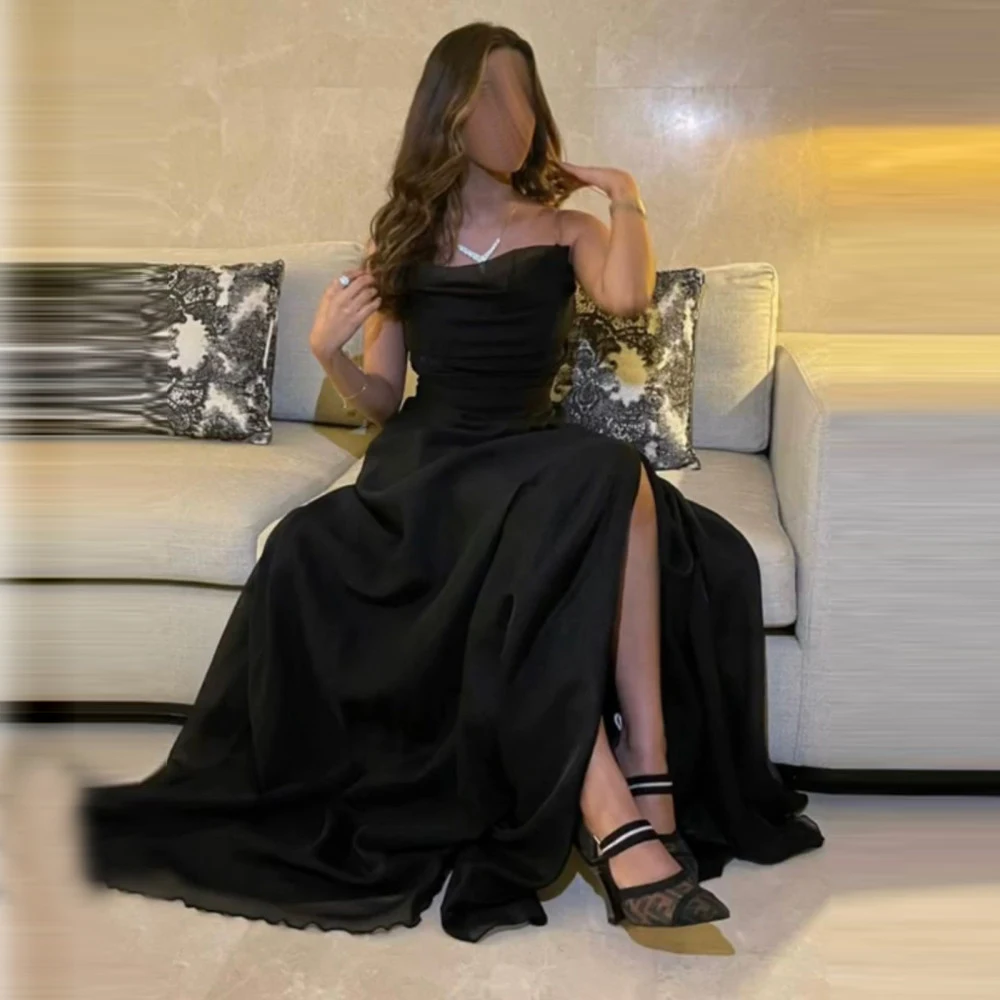 

Black Strapless Chiffon High slit Formal Backless Occasion Prom Dresses A-Line Floor-Length Ruffle Women Evening Party Dress