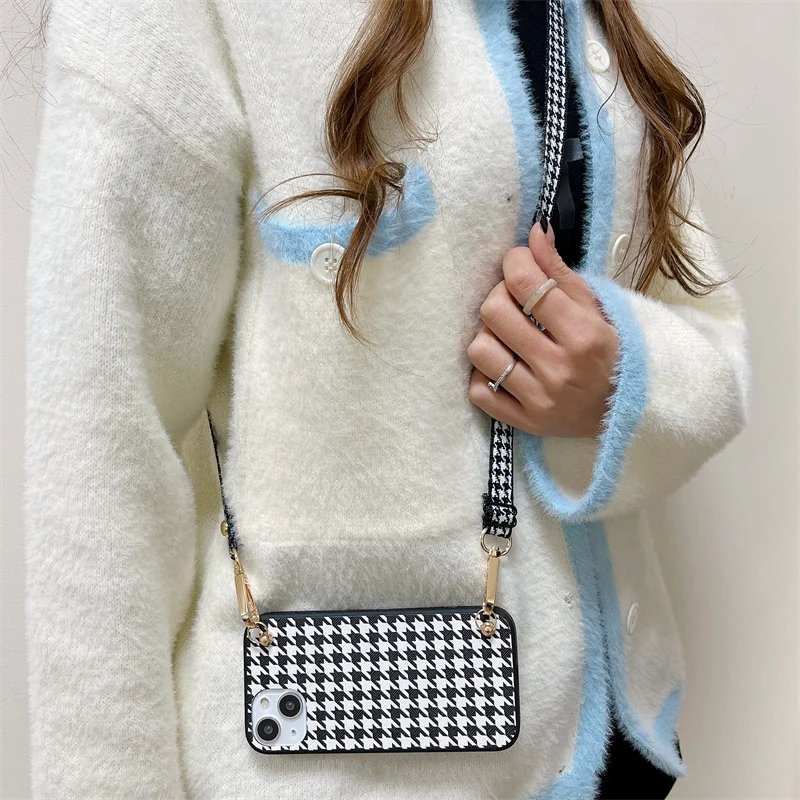 Fashion Crossbody Shoulder Strap Houndstooth Pattern Case for iPhone 14 Pro Max 13 Mini 12 11 X XR XS MAX 7 8 Plus Luxury Cover