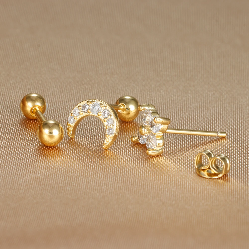 3PCS/Set Trendy Stainless Steel Crystal Flower Moon Earrings for Women Helix Tragus Cartilage Ear Stud Earring Piercing Jewelry