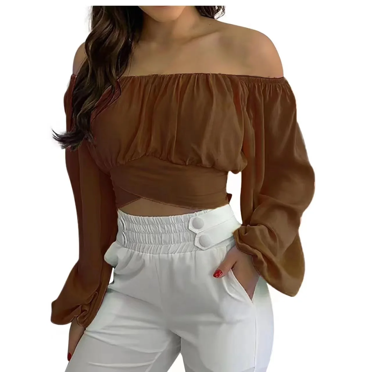 2024 Women Sexy Off Shoulder Printing Blouses Chic and Elegant Lantern Long Sleeve Lace Up Bow Cropped Tops Casual Slim Shirts