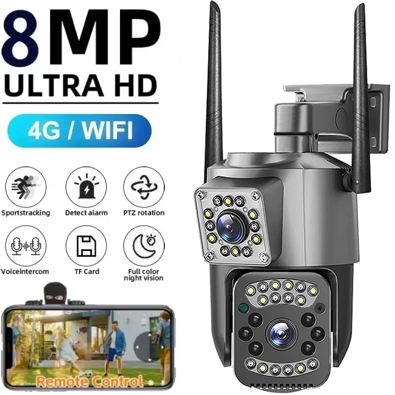 4G Dual-Lens Camera 8MP 4K Sim Card Camera Outdoor PTZ IP Cameras Night Vision Protection Wireless CCTV Net Video Surveillance