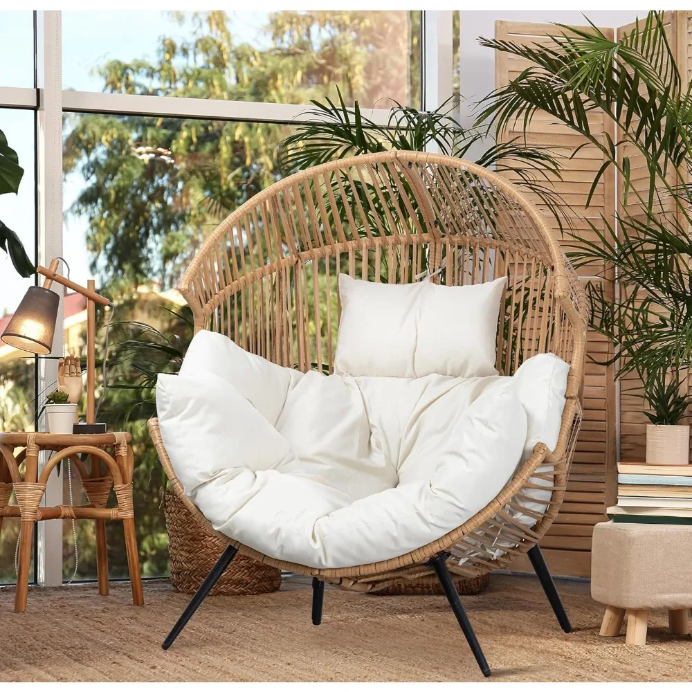 Egg Chair Wicker Outdoor Chairs, Oversized Patio Chair Oversized Lounger Chair with Cushion for Indoor Living Room, Bedroom, Ou