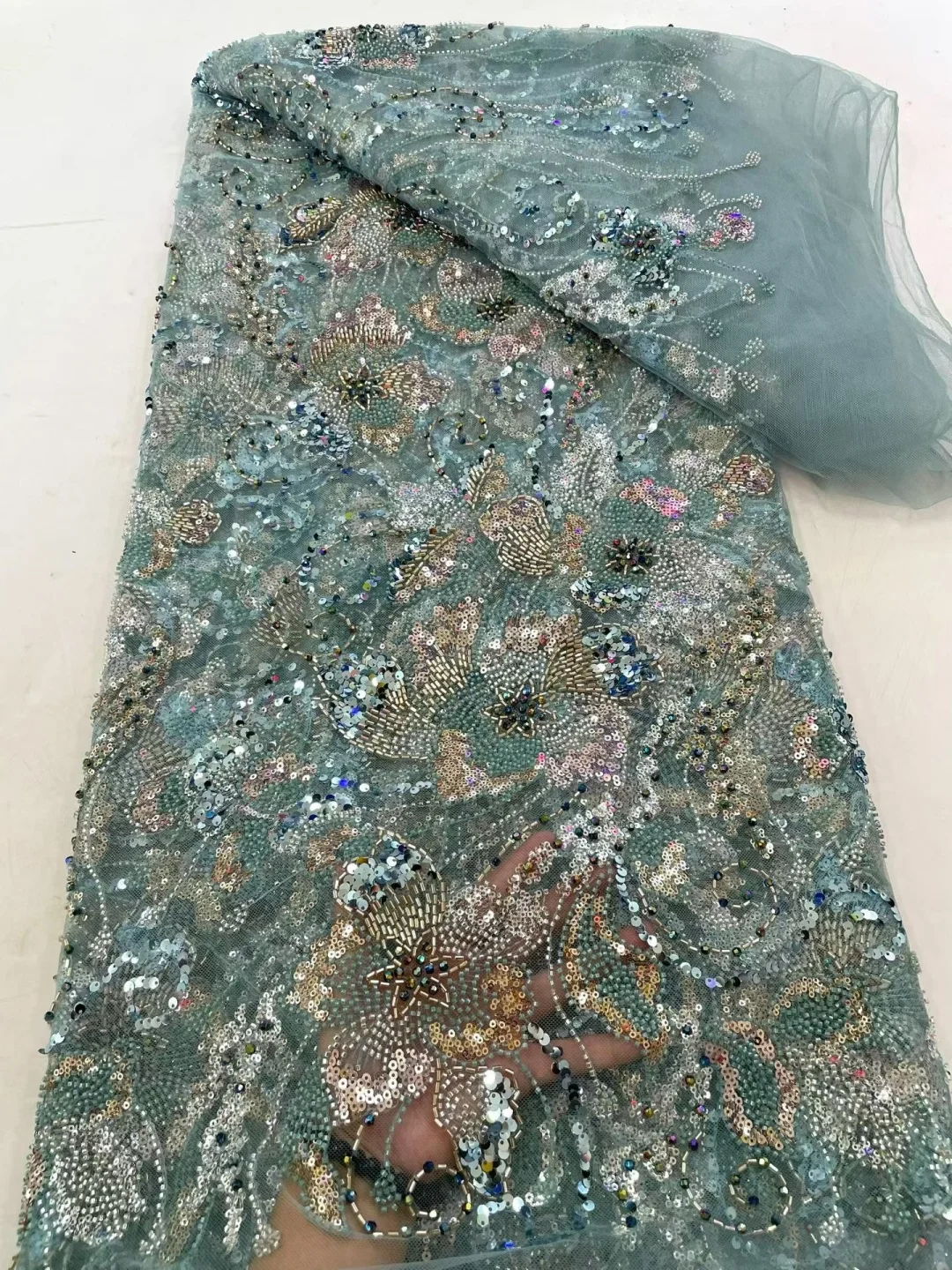 French Lace African Fabrics With Sequence For Wedding Bridal Dubai Glitter Handmade Crystal Beads Luxury Nigerian Beaded AT2824
