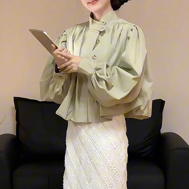 Women's Fashion Stand Collar Jacket Shoulder Padded Full Sleeve Solid Single-Breasted Spring 2026 Chic Goddess Fan Coat