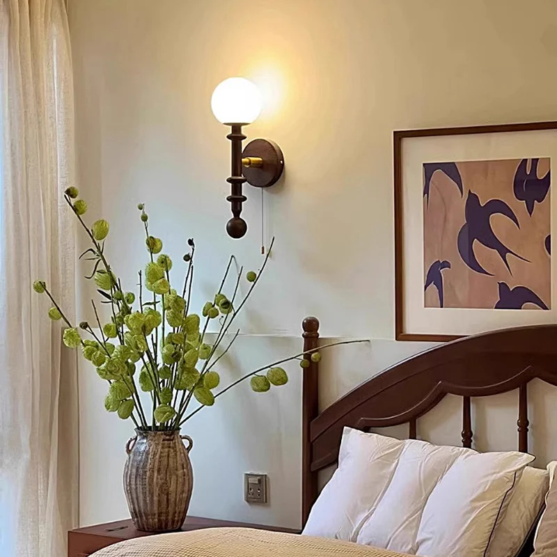 Wabi-Sabi Style Retro Wood Wall Lamp French Middle-Aged Vintage Living Room Bedroom Staircase Balcony Bedroom Headlight