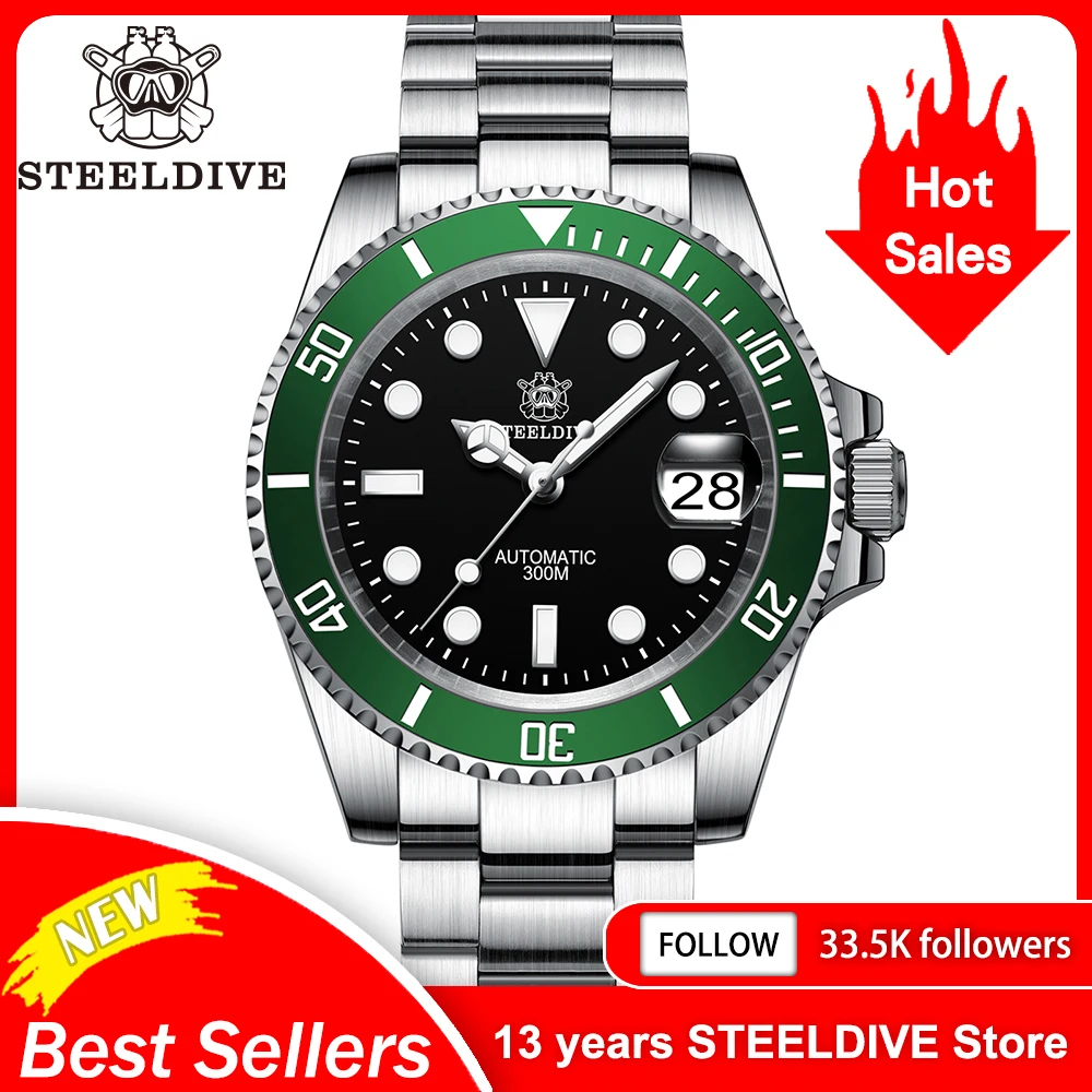 Steeldive marca relógio sd1953 água fantasma mergulhador relógio masculino 300m à prova dwaterproof água vidro safira bgw9 luminoso nh35 relógio de