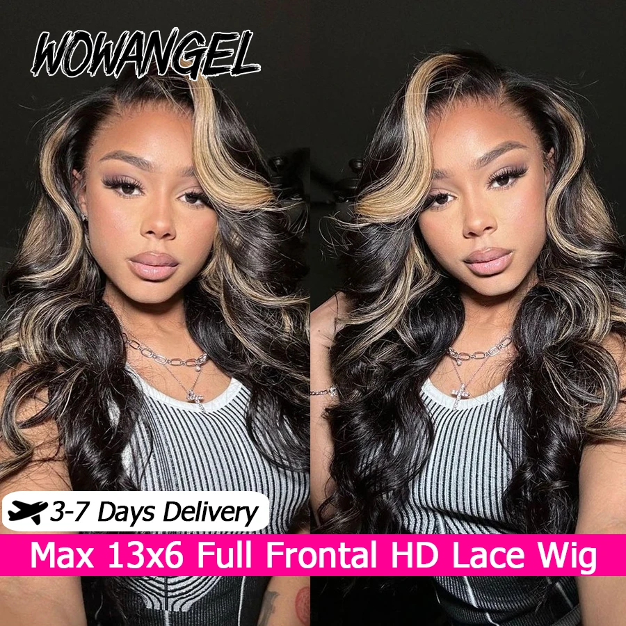 

34 In Highlight #1b/27 Body Wave Wig 13x6 HD Lace Front Wig 100% Human Hair Pre Plucked With Baby Hair Glueless Full Frontal Wig