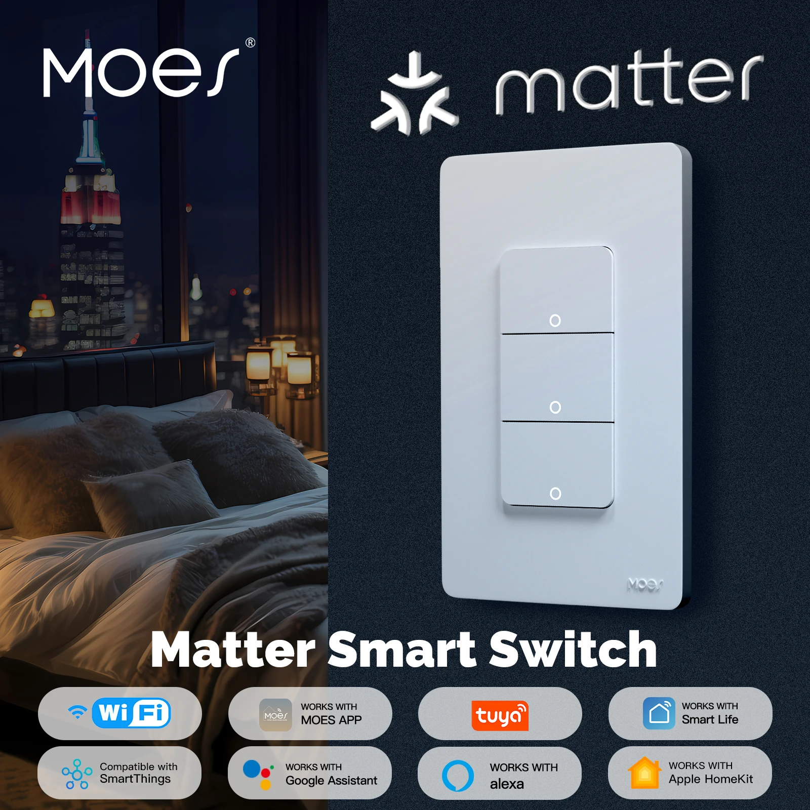 Moes Matter WiFi 1‑4 Gang US Version Smart Wall Switch Support HomeKit Alexa Google Home Tuya Voice Control