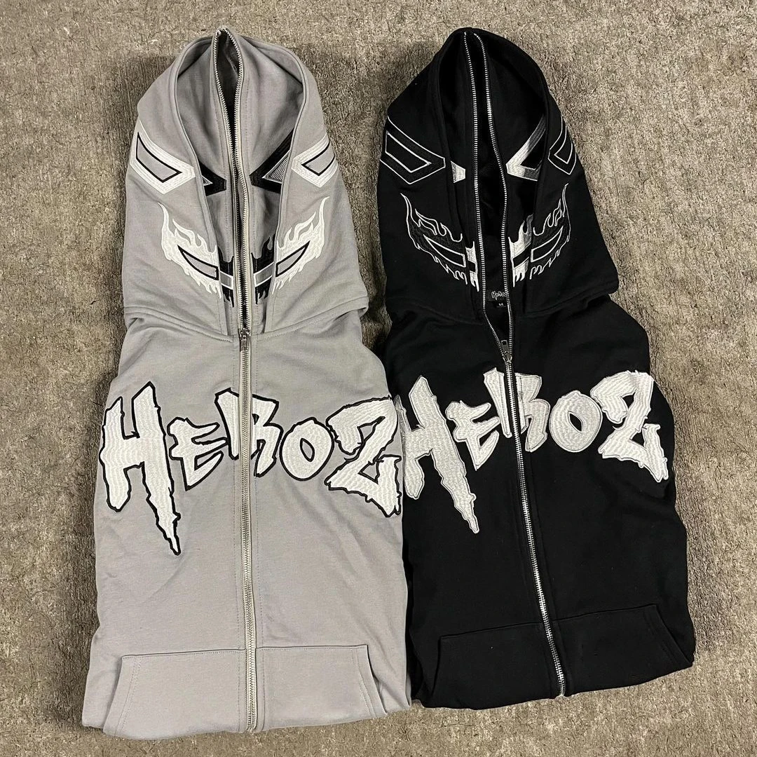 Y2k Men Daemon Print Hoodies Women Hip Hop Zipper Long Sleeve Jacket Coats Spring Autumn Harajuku Casual Loose Hooded Sweatshirt