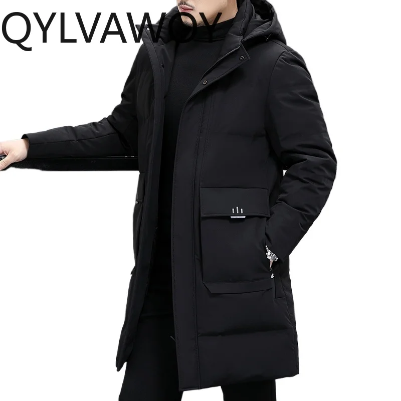 

QYLVAWOY, новинка 2023, мужская куртка-пуховик средней длины с капюшоном, утепленная повседневная черная верхняя одежда для молодых людей среднего возраста, осень-зима LJ2145