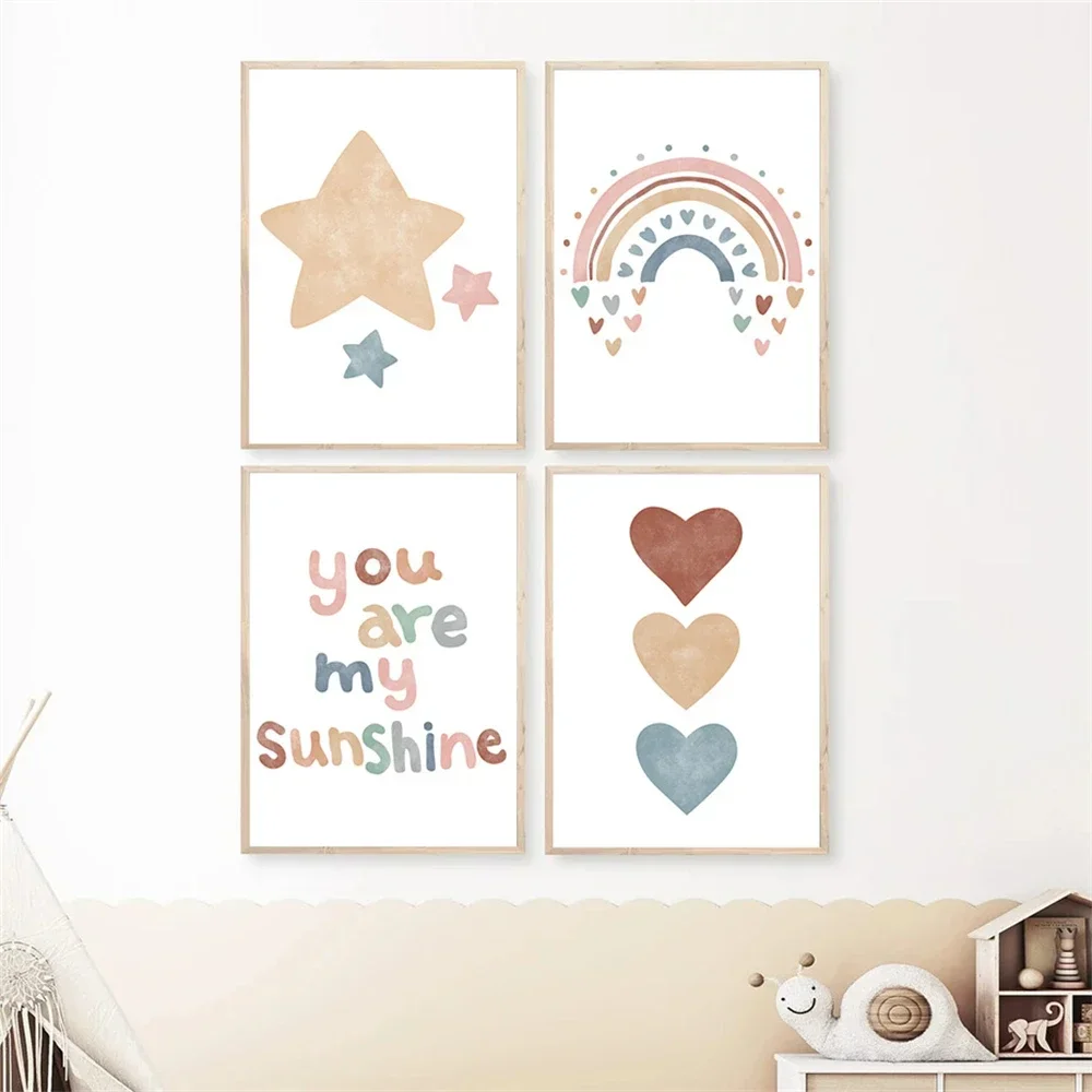 Cartoon You Are Sunshine Poster Regenbogen Wandkunst Leinwanddruck Herz Poster Kinderzimmer Kunstgemälde Nordisches Bild Kinderzimmer Deko