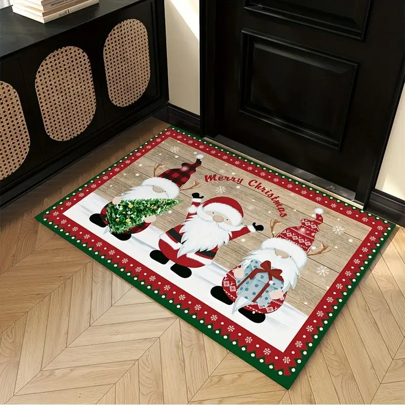 VIKAMA Cute Merry Christmas Doormat Soft Gnome Snowflake Border Anti Slip Rug For Porch Entryway Holiday Home Decor