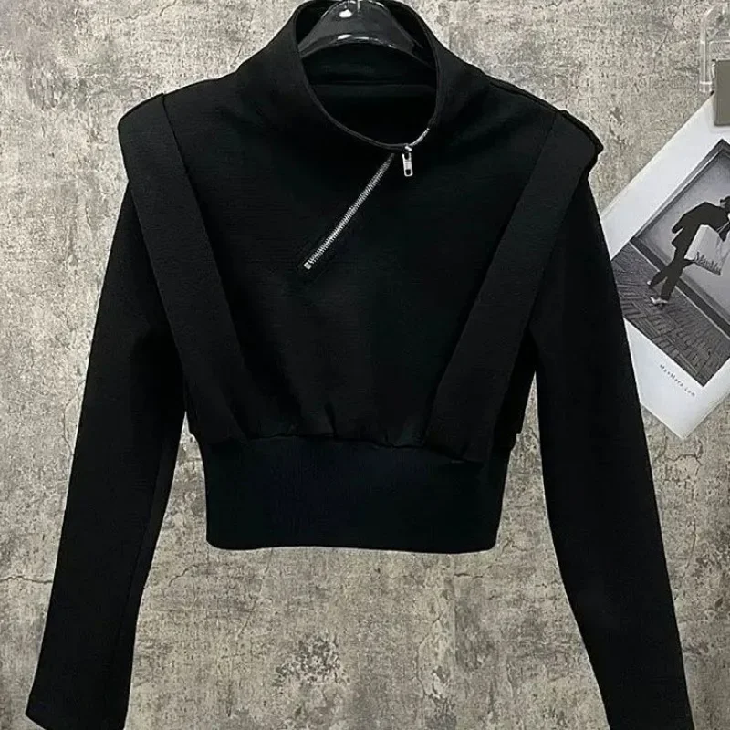 

Crop Tops Harajuku Hoodie for Women Stand Neck Tunic Fashion Jumper Long Sleeve Zipper Black Y2k Sweatshirts Ropa Mujer B712