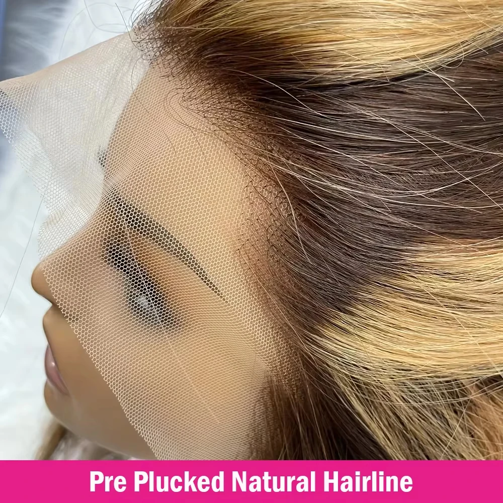 Umi 13x4 #4/27 Highlight Body Wave Lace Frontal Human Hair Wigs 230 Density Pre Plucked Brown Blonde Ombre Short BOB Wigs