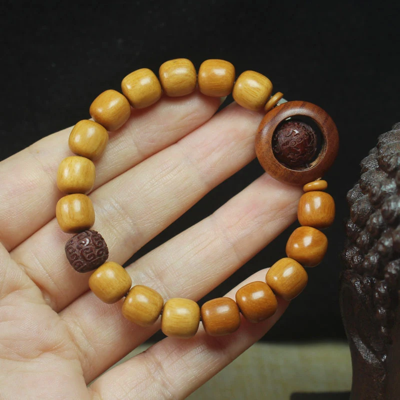 Sandalwood vintage- DIY bracelet with rotating ring design, ethnic-style cultural collectible prayer beads and Bu