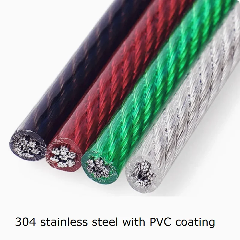 1MM—6MM, 6M-150M, 304 stainless steel wire rope with black red green covered cable clothesline rope lashing marine hardware