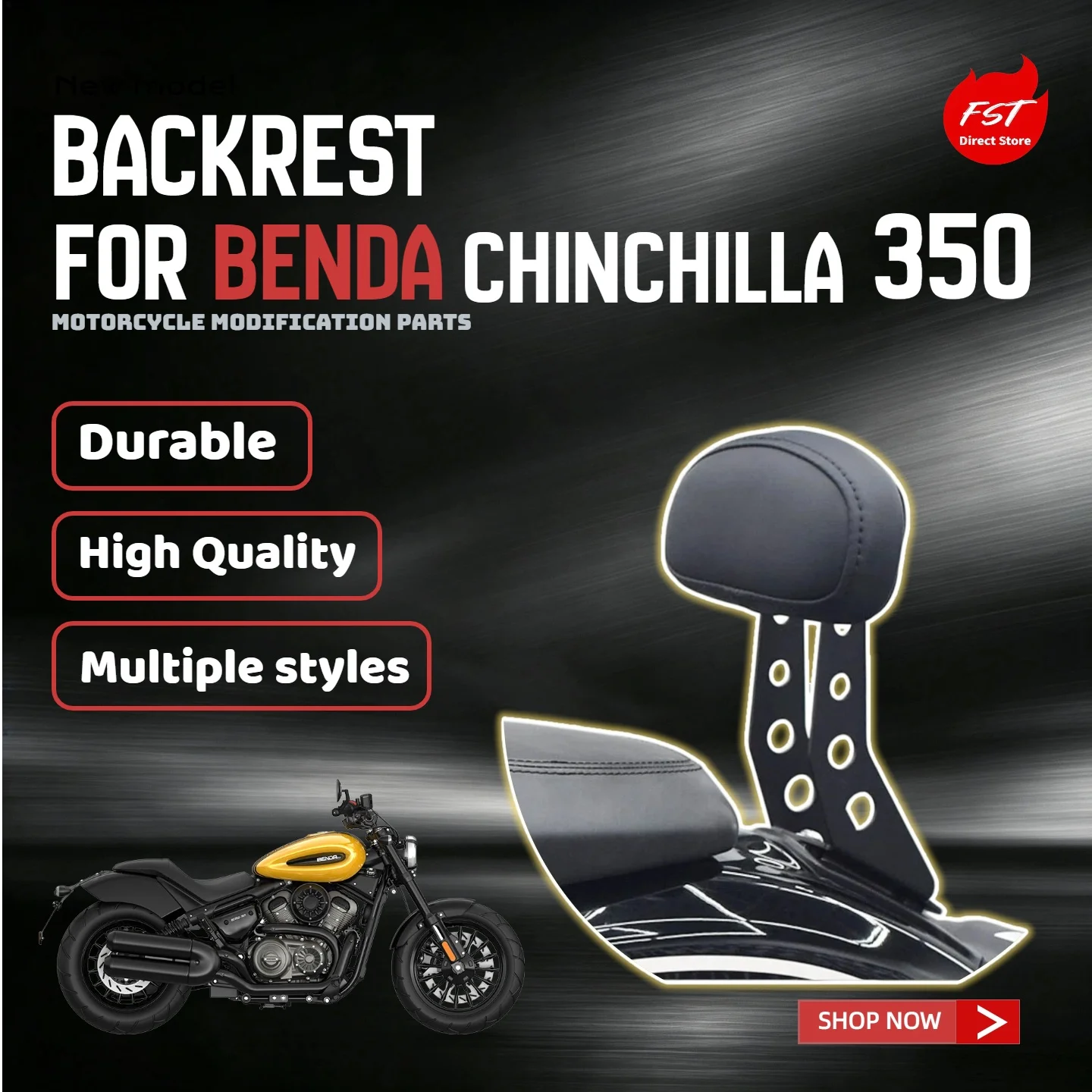 For BENDA Chinchilla 350 Motorcycle Mini Rear Backrest, Passenger Back Support, Rear Grab Handle & Cushion Modification Accessor