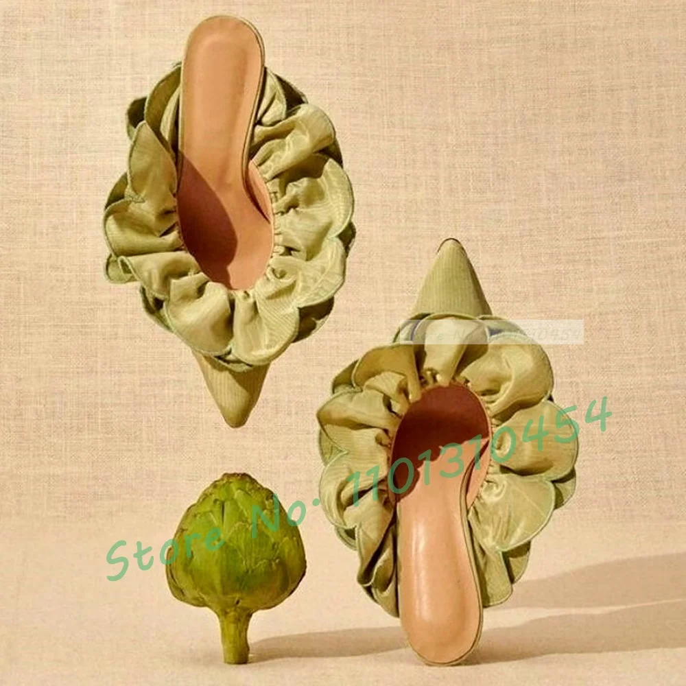 Green Ruffles Low Heels Mules Women Sweet Flower Wrap Design Pointy Gorgeous Shoes Summer Ladies Luxury Leopard Sexy Slippers