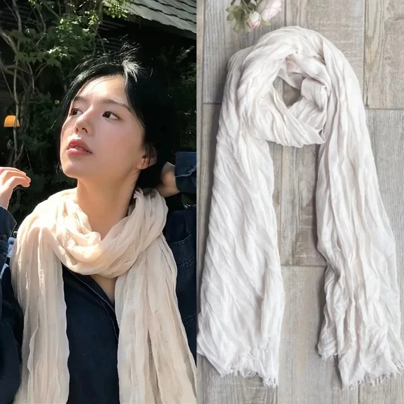 Thin Wrinkled Scarf for Women Retro Artistic 175cm Long Silk Scarf Shawl Neckwear 2026 New Low-saturation Earth Tones Headscarf