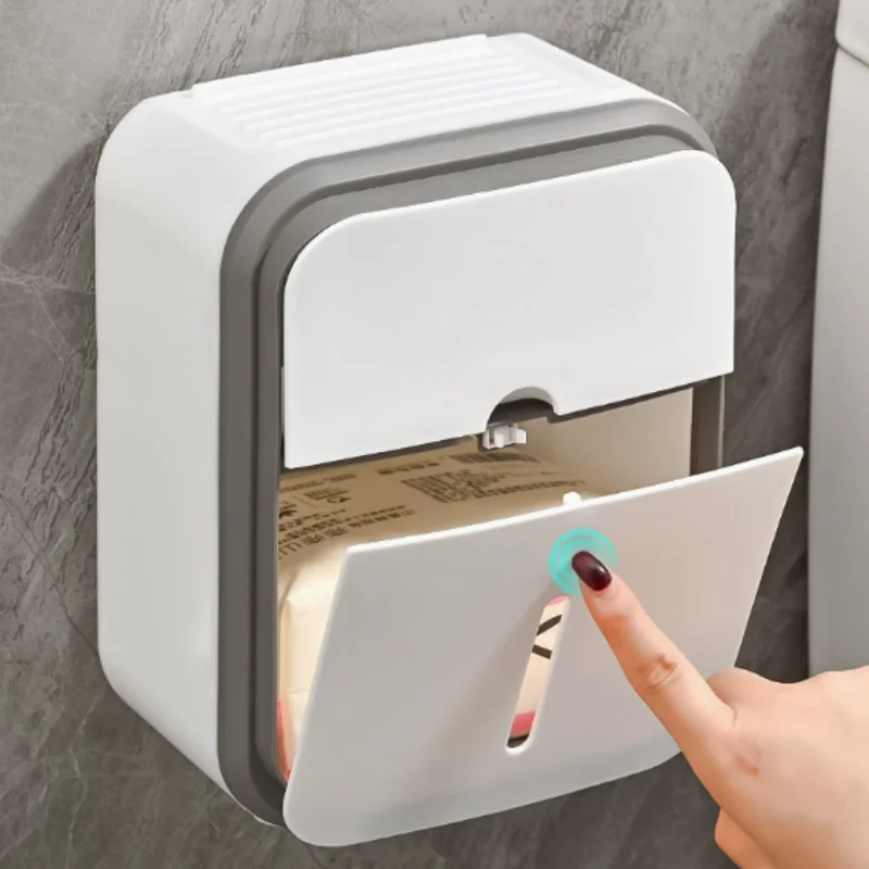 Organizador de Papel Higiênico Montado na Parede Sem Furos, Impermeável, à Prova de Poeira, Caixa de Armazenamento de Alta Capacidade para Banheiro e Suprimentos Domésticos