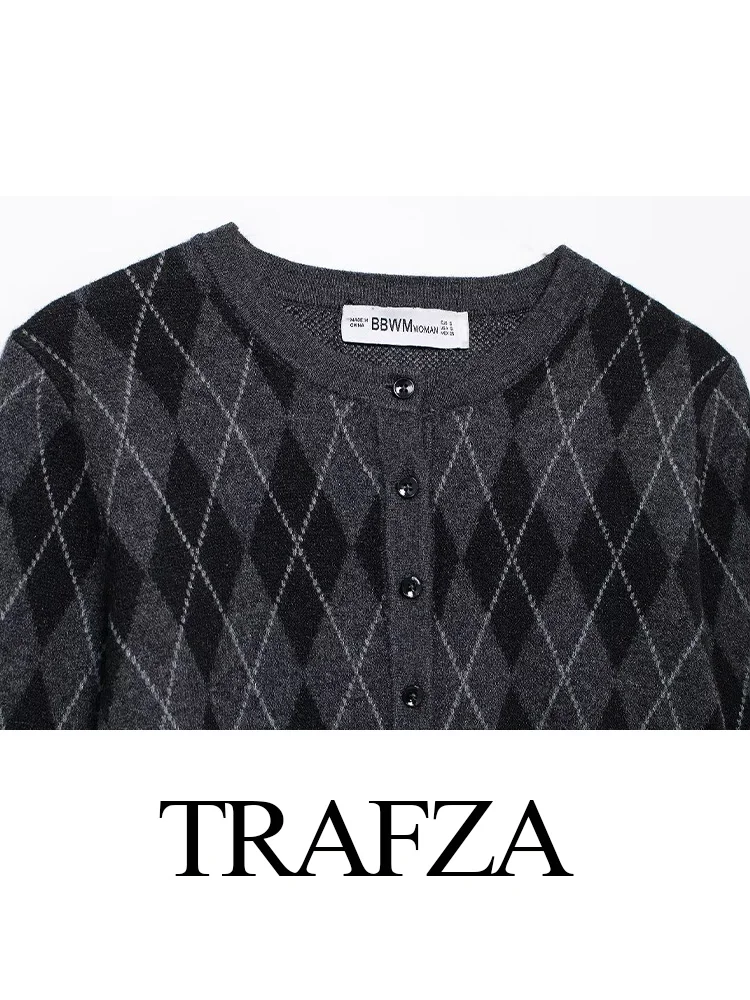 Trafza feminino único breasted o-pescoço manga longa casaco diamante padrão cinto decorar outono cardigan + bainha dividida midi saia de malha