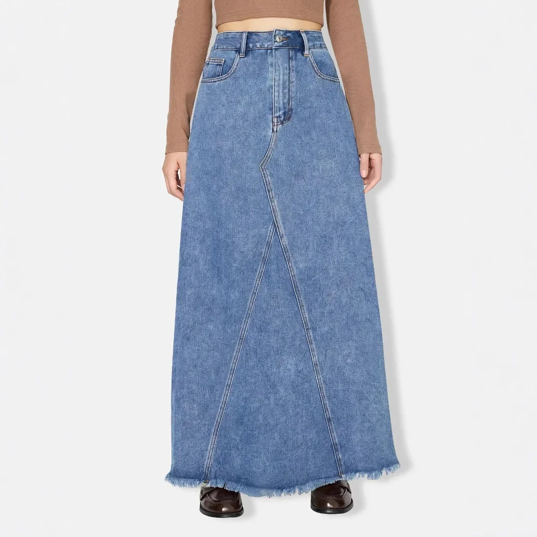 

Denim Skirt Women Vintage Long Skirts High Waist Distressed Washed Button Pockets Summer Female Basis A Line Streetwear 2025