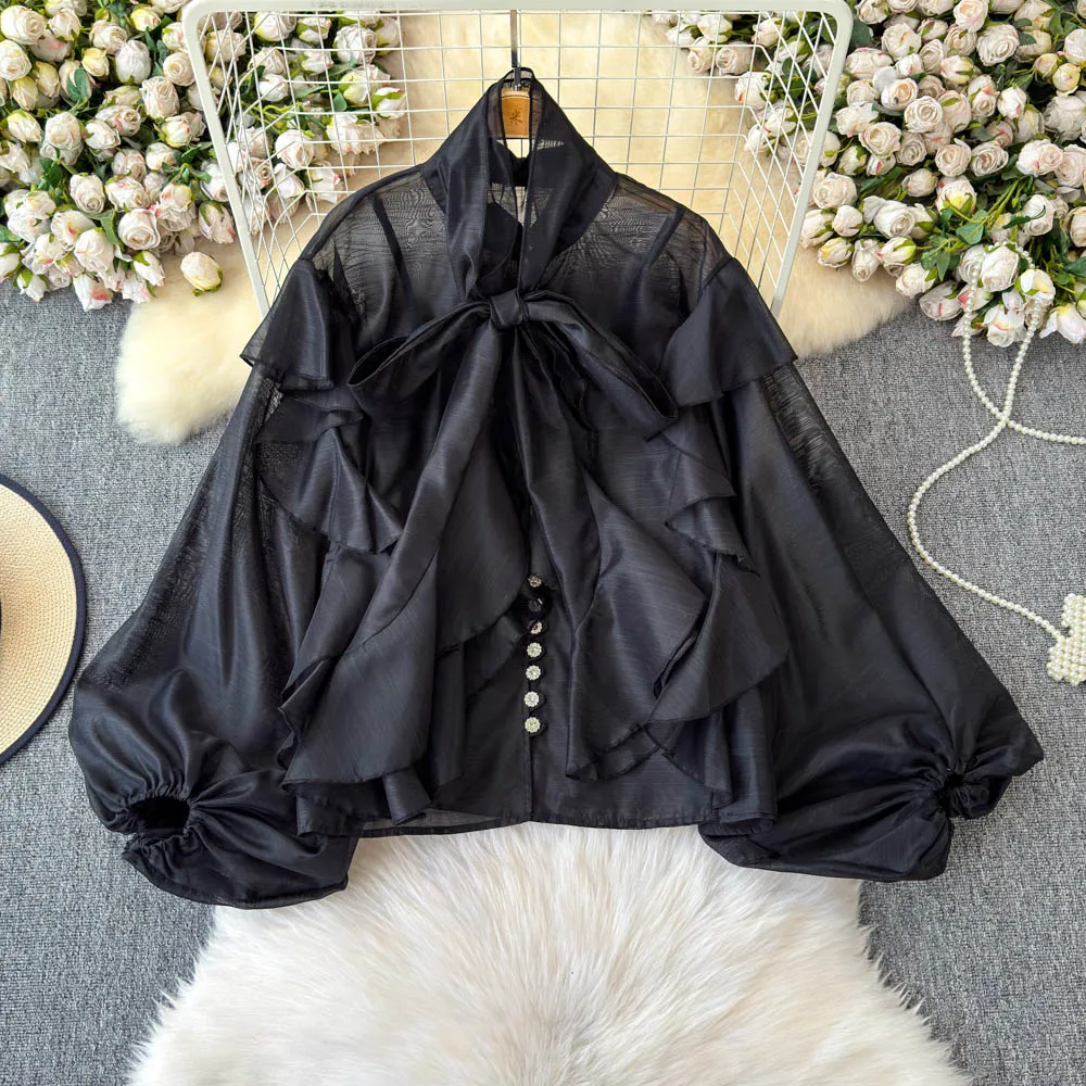 빈티지 블라우스 쉬폰 느슨한 타이 염색 프릴 긴 소매 슬림 우아한 패션 여성 hotsweet 셔츠 여성 의류