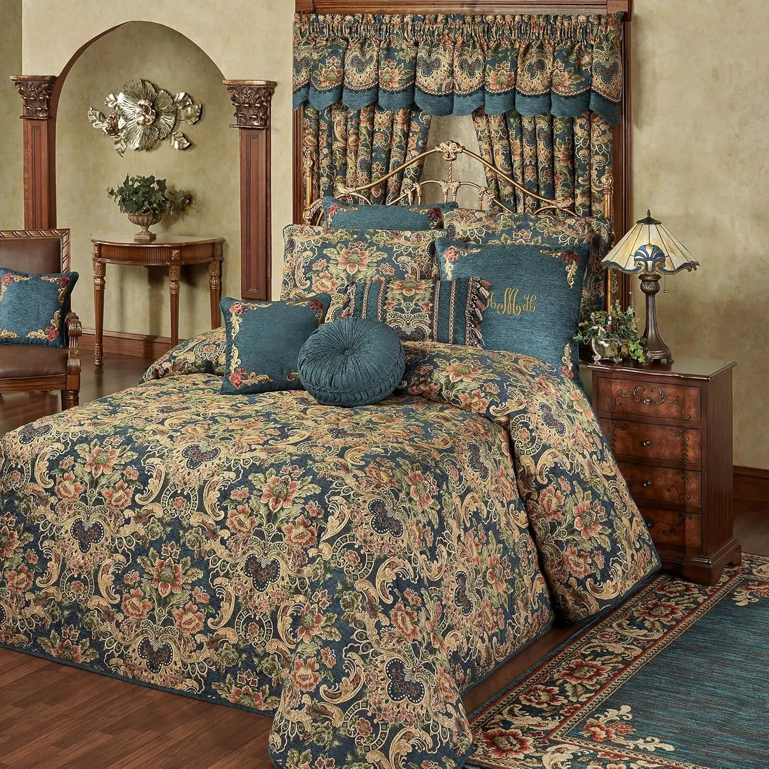 Touch Of Class Casanova Grande Bedspread Dark Teal - Queen Size - Green, Burgundy, Gold, Chenille - Oversized Bedding - Vintage