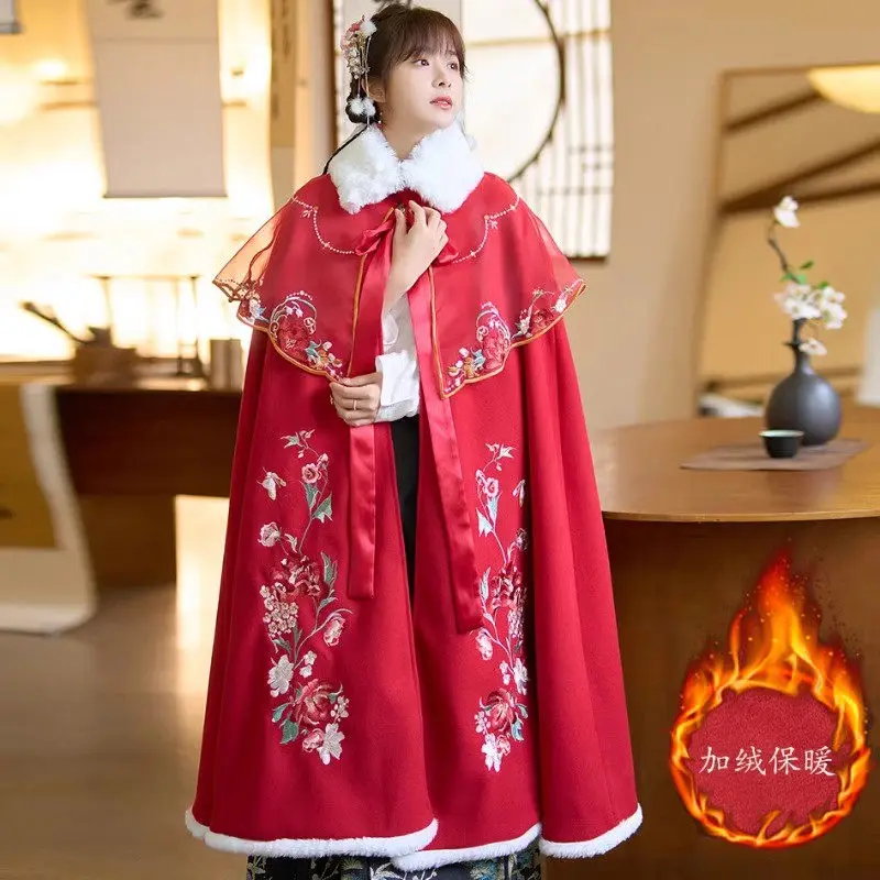 الأصلي Hanfu المطرزة فضفاضة معطف الصوف للنساء ، عباءة سميكة ، حجم كبير ، النمط الصيني ، الأحمر ، أفخم ، الشتاء ، الرجعية ، الرأس ، Z3772