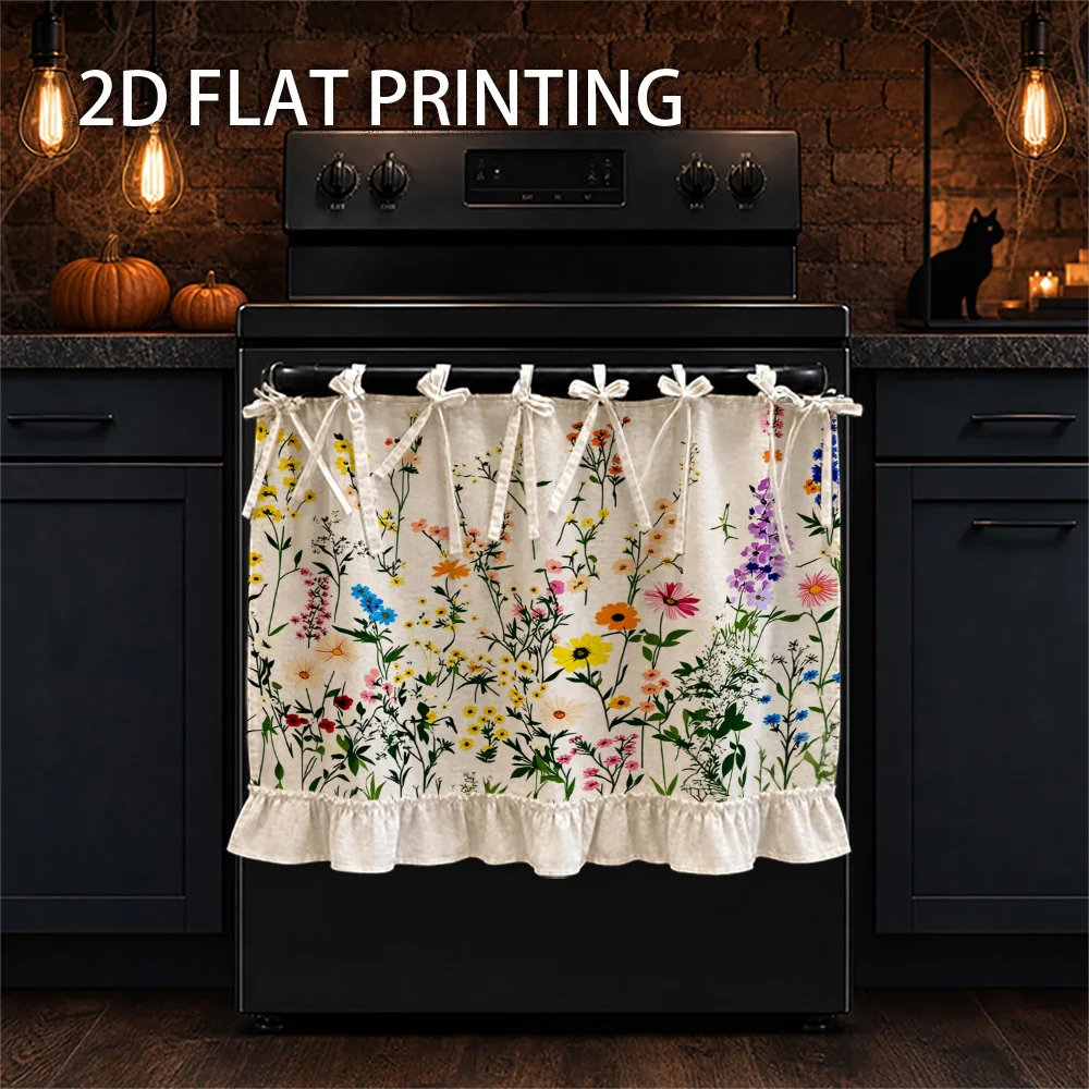 1PC kitchen stove curtain, cabinet curtain and apron. Designed with 2D graphics, featuring colorful botanical prints and a varie
