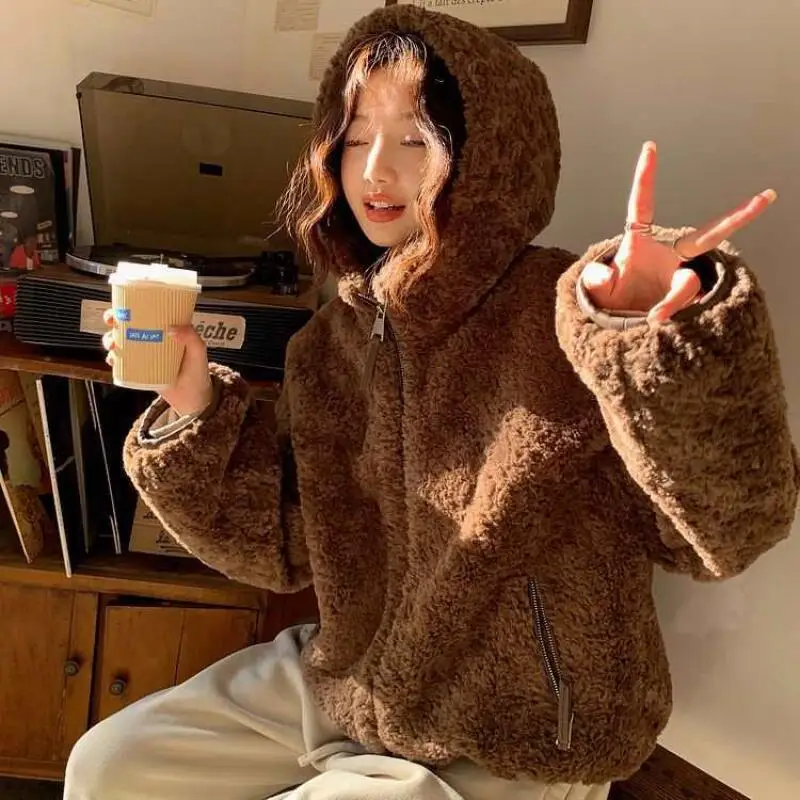 

Autumn Winter Women's Hooded Lamb's Wool Cotton-Padded Jacket Girl's Korean Style Thicken Cute Rabbit Ears Faux Leather Coat Top