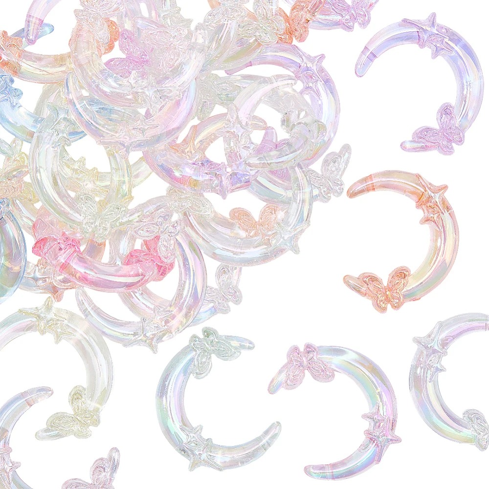 40Pcs 6 Colors Transparent Moon Shaped Large Beads Acrylic Crescent Moon Beads Colorful Gradient with Butterfly Satr 42x38mm