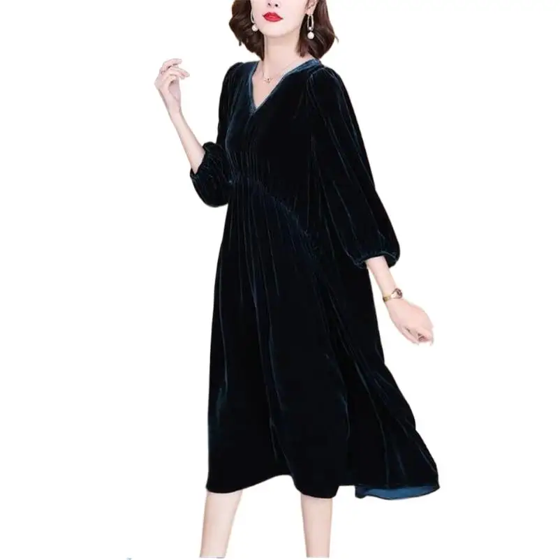 

Vintage Elegant V-Neck Women Velvet Midi Dress Party Long A Line Dress High Waist Lantern Sleeve Vestidos robe femme