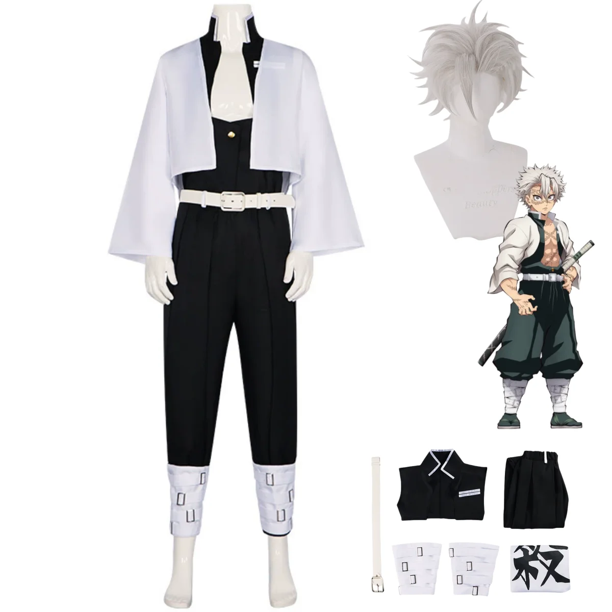 

Anime Shinazugawa Sanemi Cosplay Costume Kokyuu Wig Party Team Uniform White Coat Black Top Man Carnival Halloween Suit