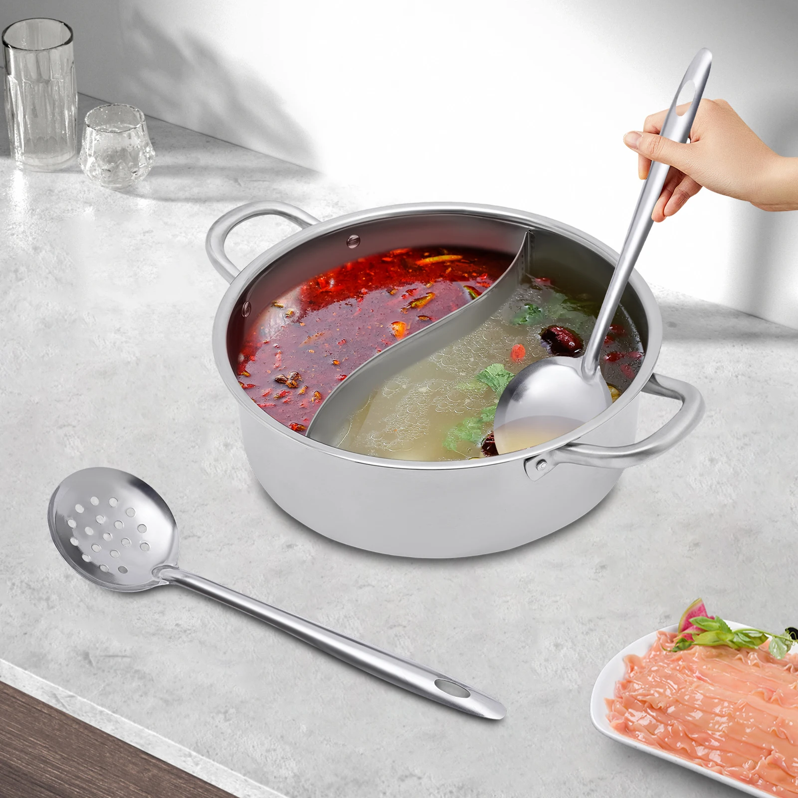 

28/32CM Stainless Steel Steamer with Divider 2 Soup Ladles Multi-Purpose Pot for Steaming and Boiling