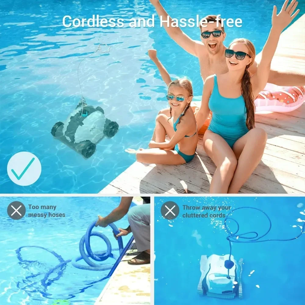 Cordless Robotic Pool Cleaner, Cordless Pool Vacuum Robot with Dual-Drive Motors, Self-Parking Technology