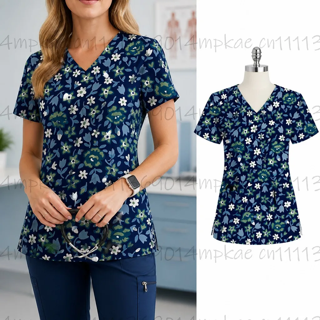 Women's Clinical Uniform with Floral Print, V-Neck, Elastic Dental Uniform, Short-Sleeve Top, Medical Staff Uniform