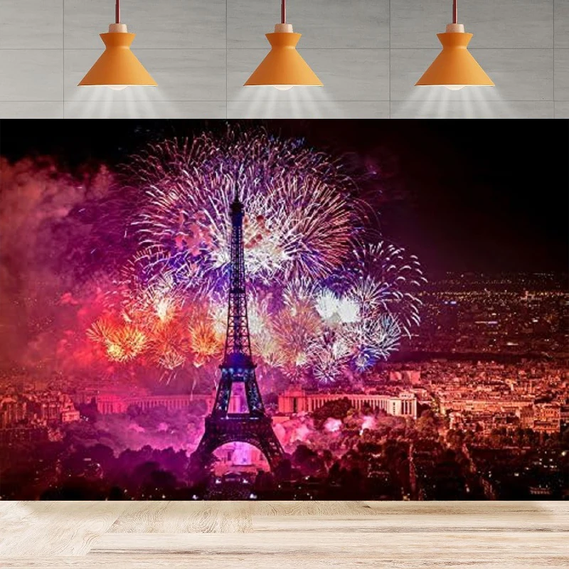 Paris Night Scene Photography Backdrop Romantic Eiffel Tower Blooming of Fireworks Background Party Backdrop Wall Banner Decor