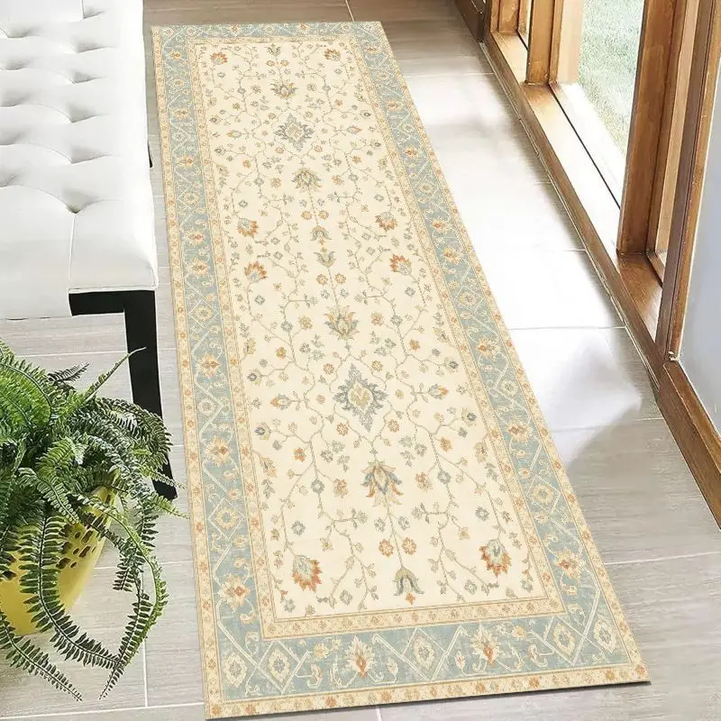 VIKAMA Distressed Oushak Runner Rug Vintage Tiny Floral Pattern Non Slip Washable Long Hallway Kitchen Decor Mat